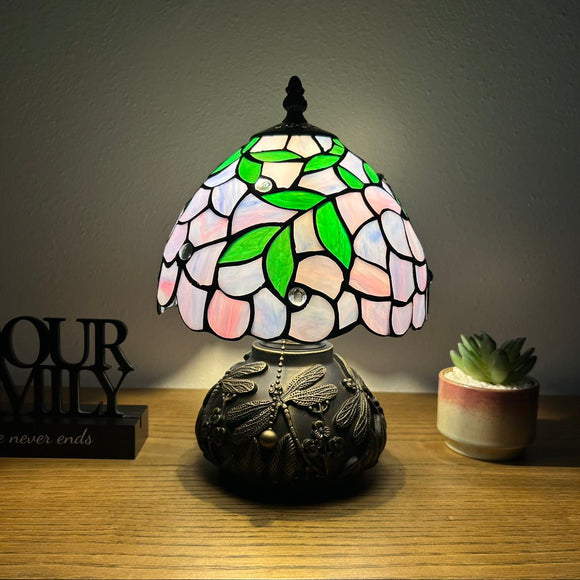 Tiffany Style Mini Table Lamp Purple Stained Glass Green Leaves 8